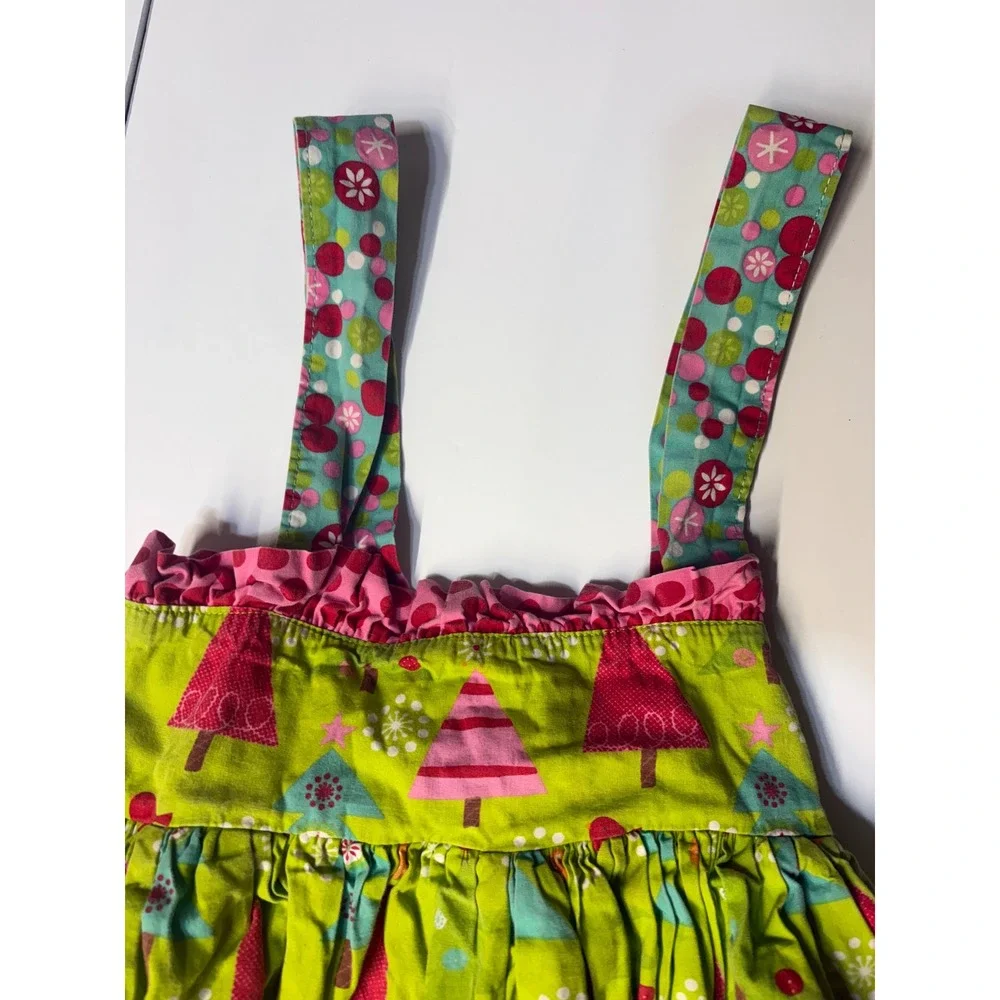 Jelly the Pug Girls 4T Sundress Christmas Trees Floral Ruffle Tiered Whimsical